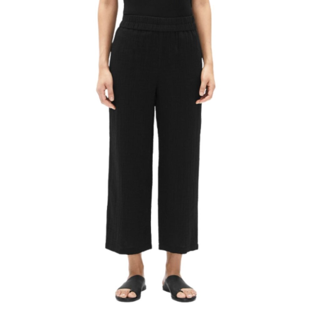 Eileen Fisher Womens Petite Size P Gauze Straight Leg Pull On Pant Black Color